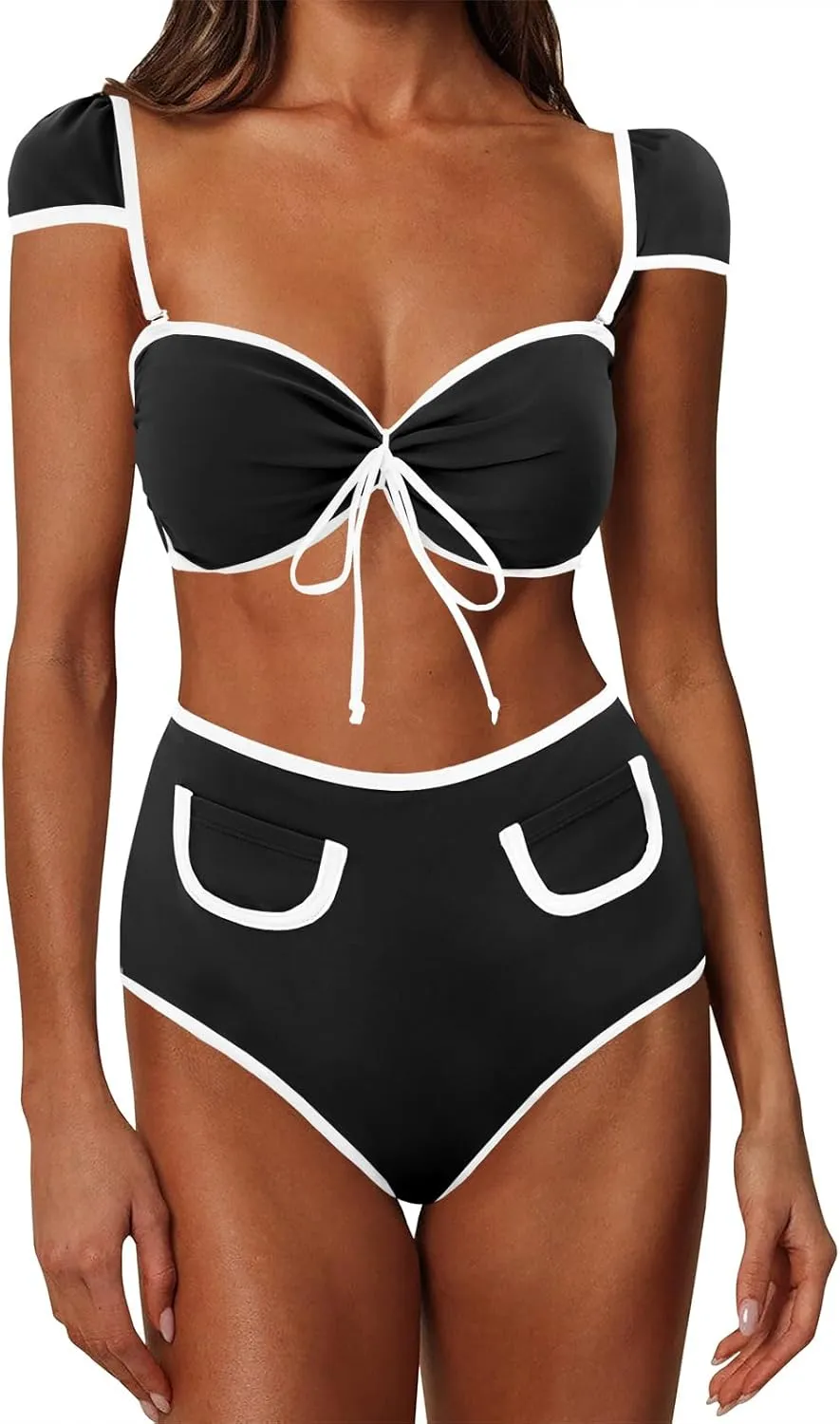 Saodimallsu Womens High Waisted Bikini Sets Cap Sleeve Color Block Tie Back Adjustable Strap 2 Piece Swimsuits