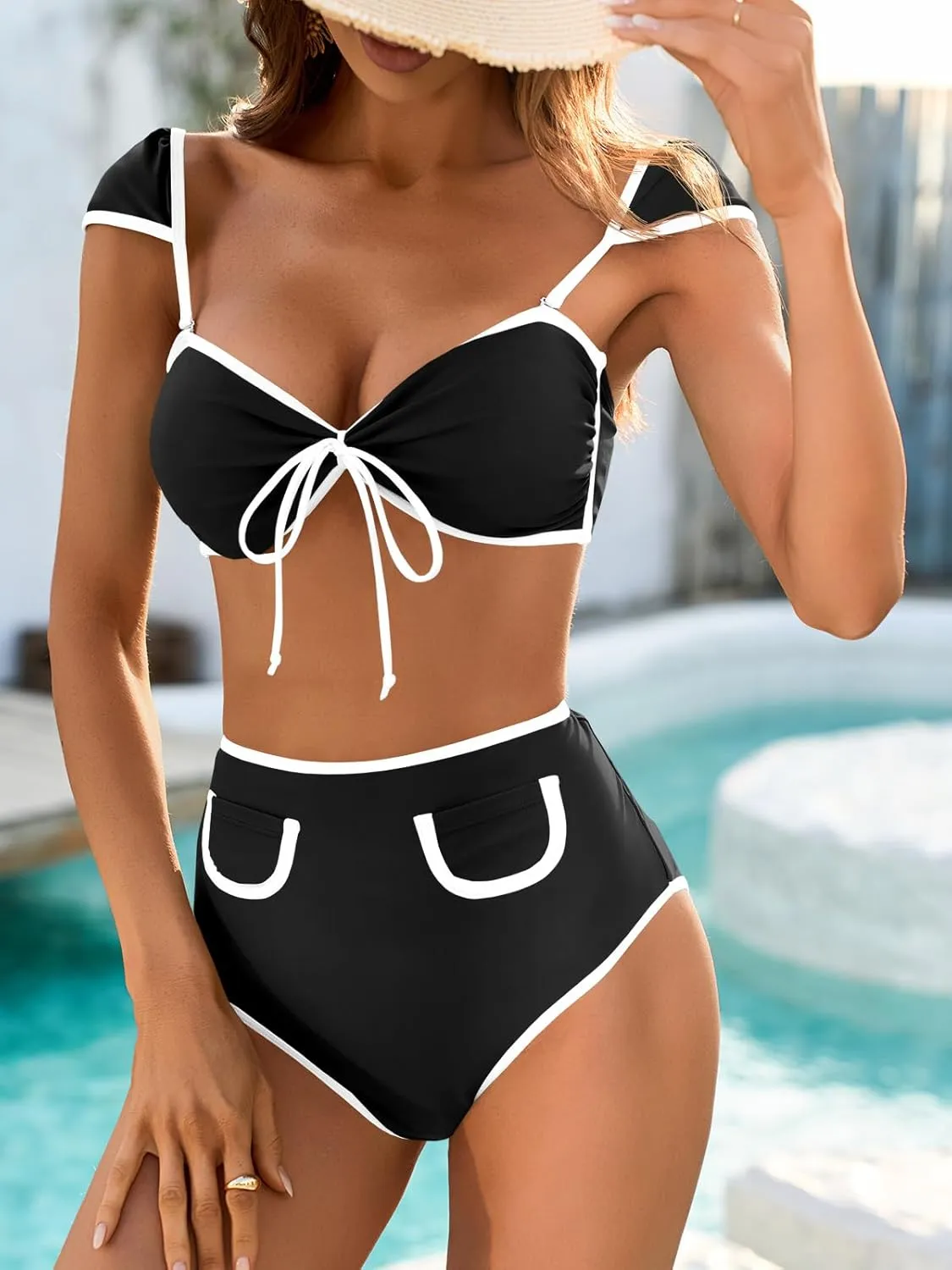 Saodimallsu Womens High Waisted Bikini Sets Cap Sleeve Color Block Tie Back Adjustable Strap 2 Piece Swimsuits