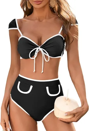 Saodimallsu Womens High Waisted Bikini Sets Cap Sleeve Color Block Tie Back Adjustable Strap 2 Piece Swimsuits