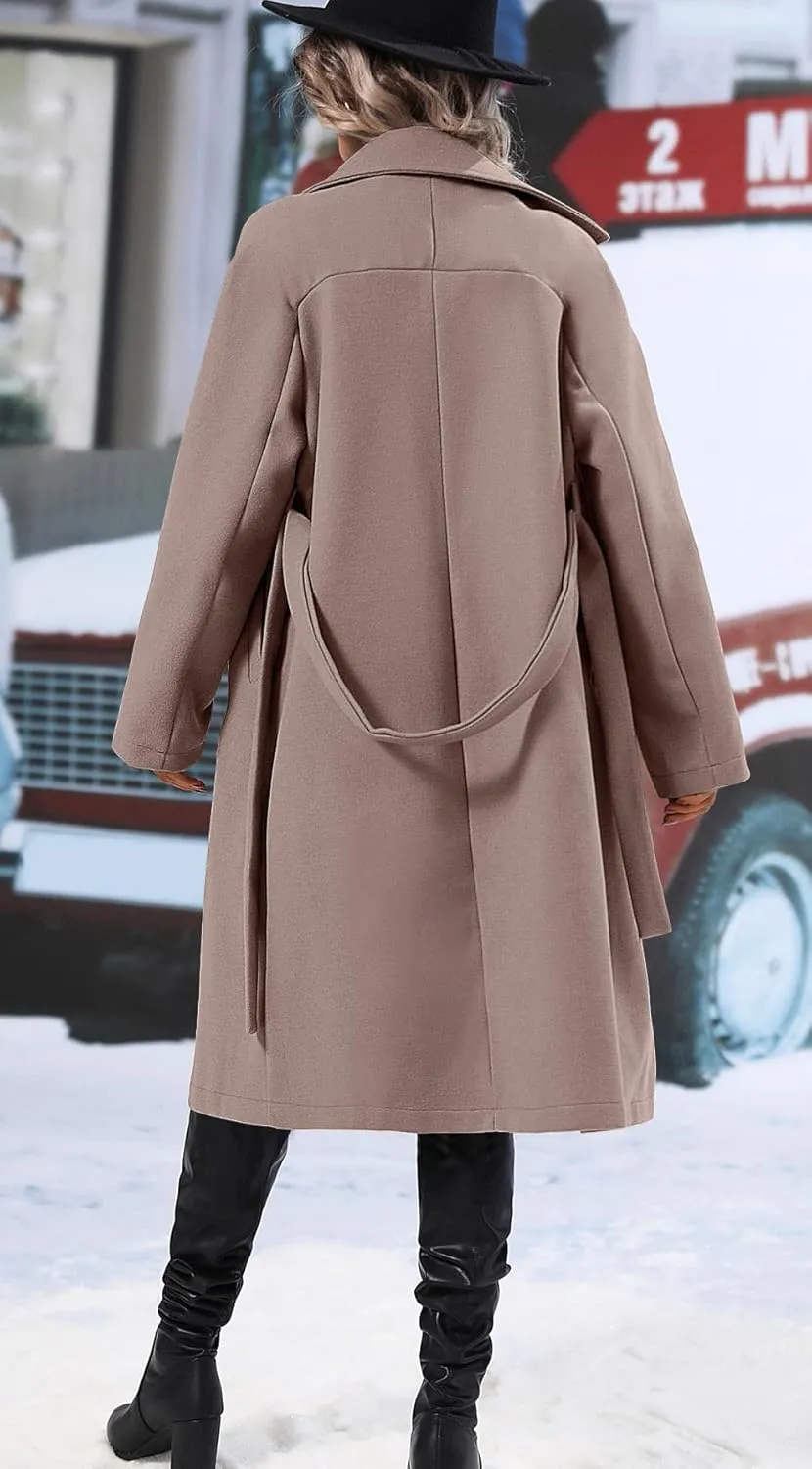 SAUKOLE Women's Trendy Lapel Collar Double Breasted Wool Blend Coats Winter Pea Overcoat Pocketed Outwear with Belt
