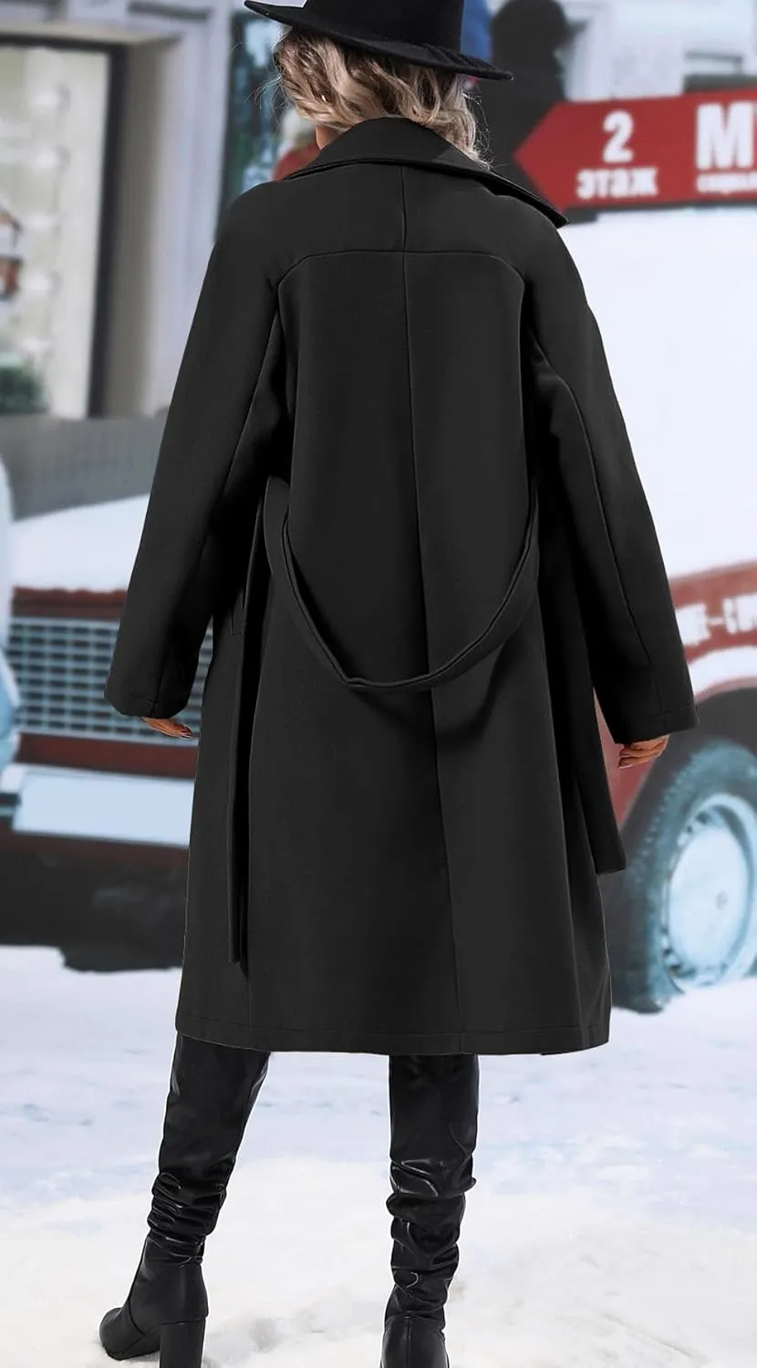 SAUKOLE Women's Trendy Lapel Collar Double Breasted Wool Blend Coats Winter Pea Overcoat Pocketed Outwear with Belt