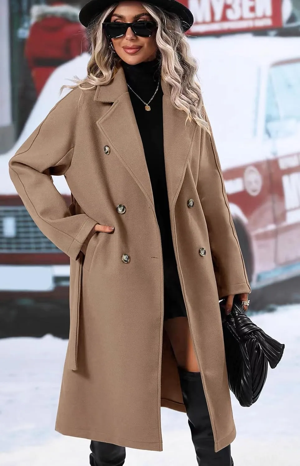 SAUKOLE Women's Trendy Lapel Collar Double Breasted Wool Blend Coats Winter Pea Overcoat Pocketed Outwear with Belt
