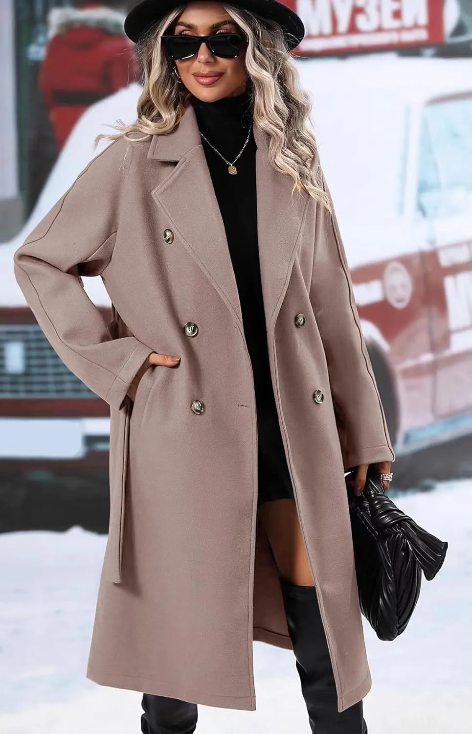 SAUKOLE Women's Trendy Lapel Collar Double Breasted Wool Blend Coats Winter Pea Overcoat Pocketed Outwear with Belt
