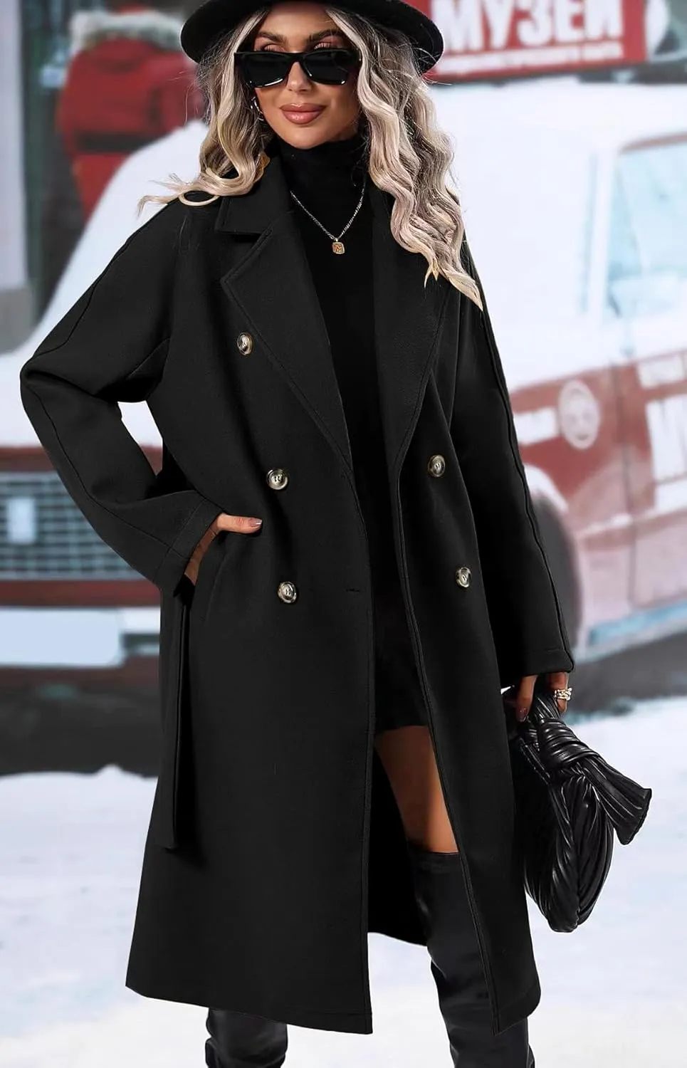 SAUKOLE Women's Trendy Lapel Collar Double Breasted Wool Blend Coats Winter Pea Overcoat Pocketed Outwear with Belt