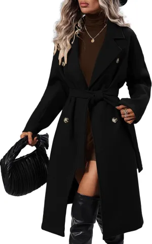 SAUKOLE Women's Trendy Lapel Collar Double Breasted Wool Blend Coats Winter Pea Overcoat Pocketed Outwear with Belt