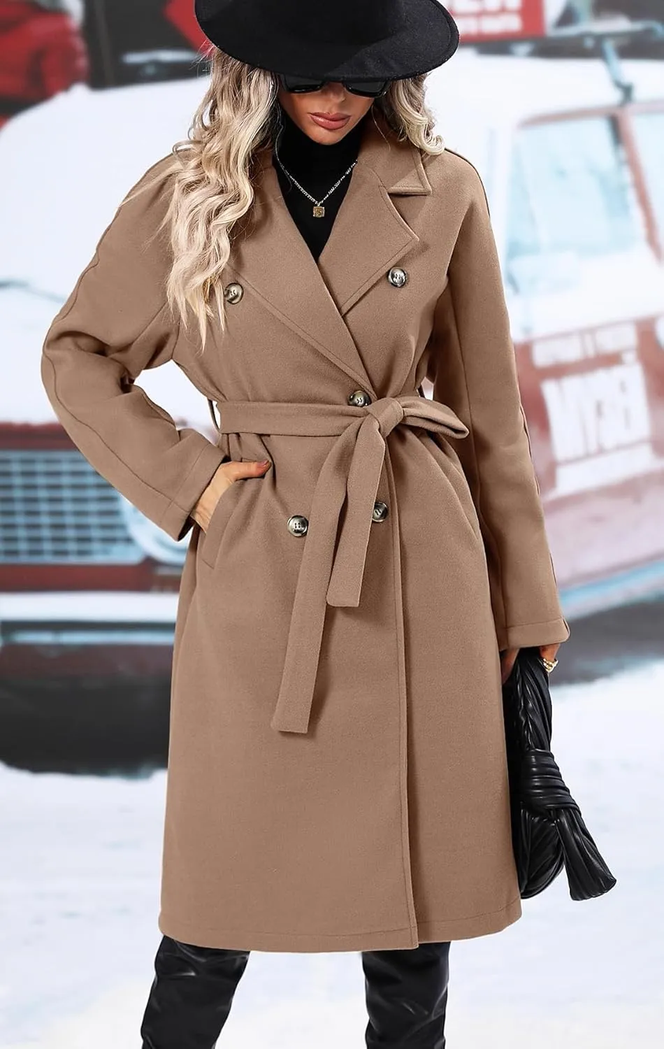 SAUKOLE Women's Trendy Lapel Collar Double Breasted Wool Blend Coats Winter Pea Overcoat Pocketed Outwear with Belt