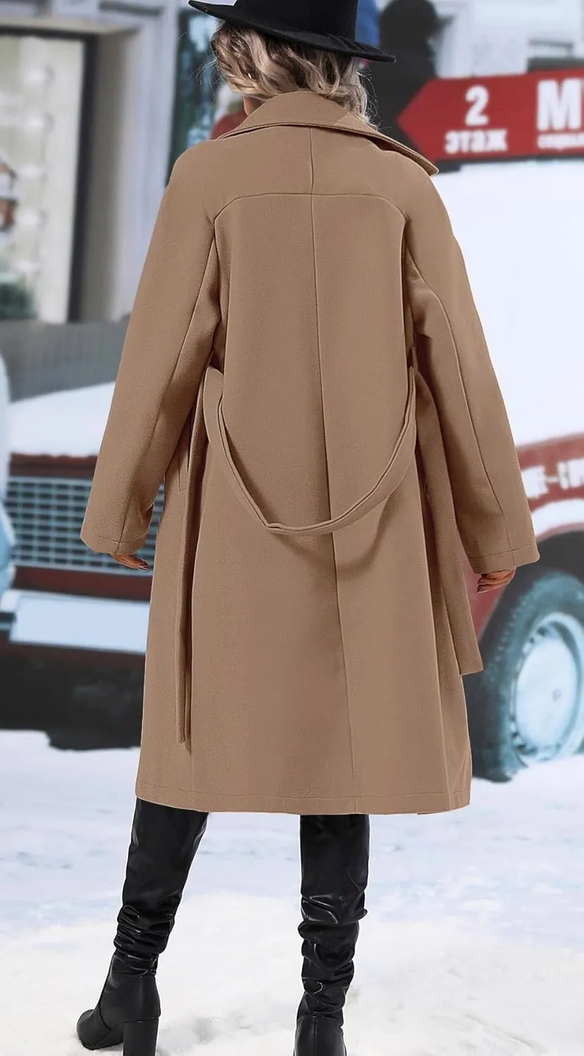 SAUKOLE Women's Trendy Lapel Collar Double Breasted Wool Blend Coats Winter Pea Overcoat Pocketed Outwear with Belt