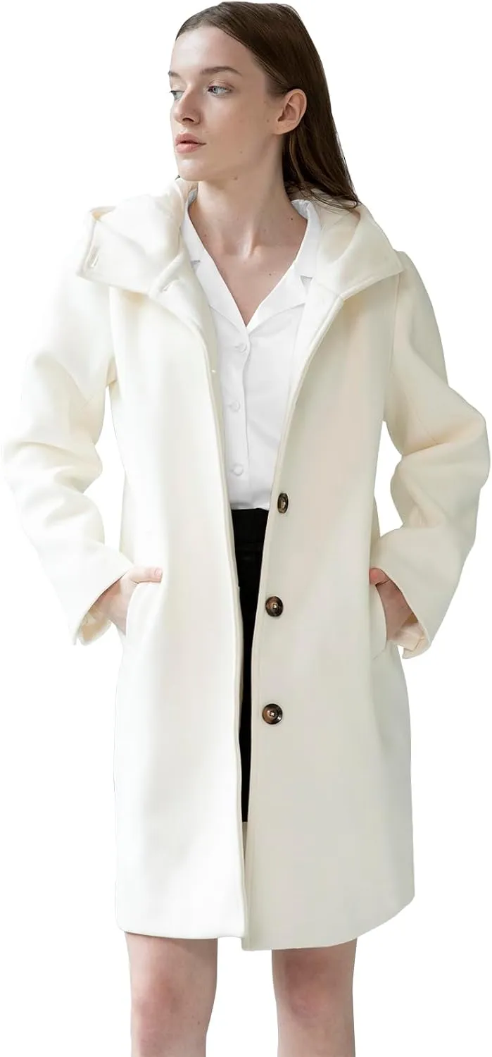 SAUKOLE Womens Wool Blend Pea Coat Fashion Winter Dressy Overcoat Single Breasted Trench Jackets with Hood