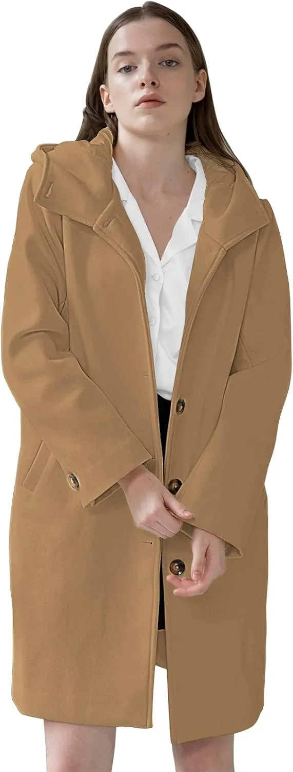 SAUKOLE Womens Wool Blend Pea Coat Fashion Winter Dressy Overcoat Single Breasted Trench Jackets with Hood