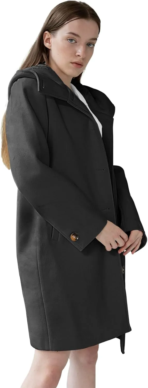 SAUKOLE Womens Wool Blend Pea Coat Fashion Winter Dressy Overcoat Single Breasted Trench Jackets with Hood