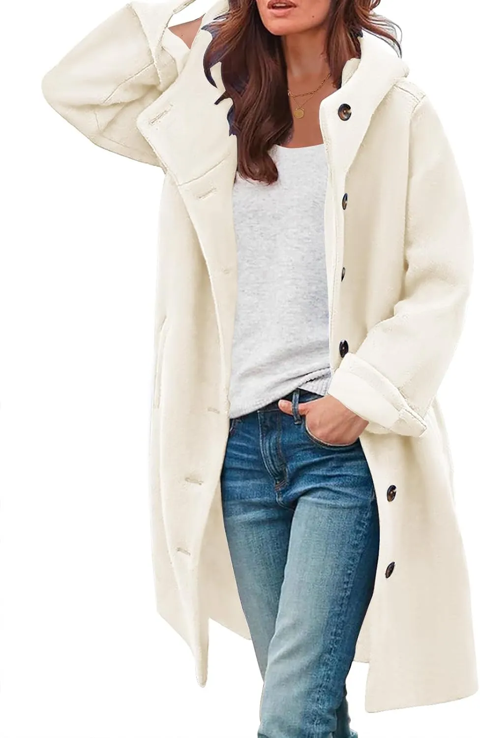 SAUKOLE Womens Wool Blend Pea Coat Fashion Winter Dressy Overcoat Single Breasted Trench Jackets with Hood