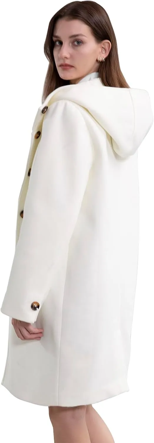 SAUKOLE Womens Wool Blend Pea Coat Fashion Winter Dressy Overcoat Single Breasted Trench Jackets with Hood