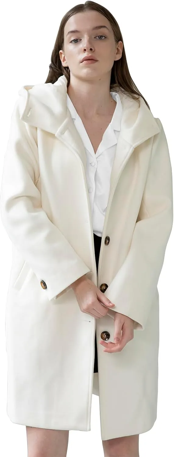 SAUKOLE Womens Wool Blend Pea Coat Fashion Winter Dressy Overcoat Single Breasted Trench Jackets with Hood