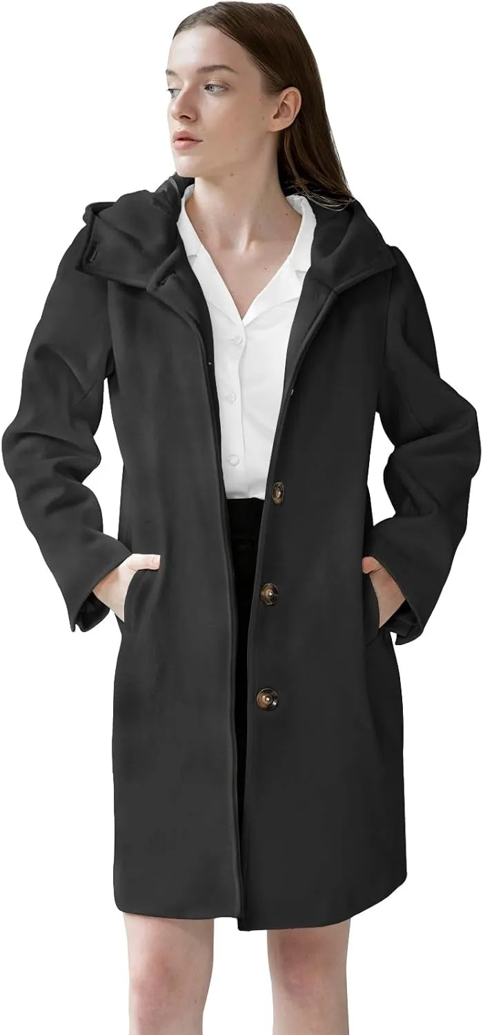 SAUKOLE Womens Wool Blend Pea Coat Fashion Winter Dressy Overcoat Single Breasted Trench Jackets with Hood
