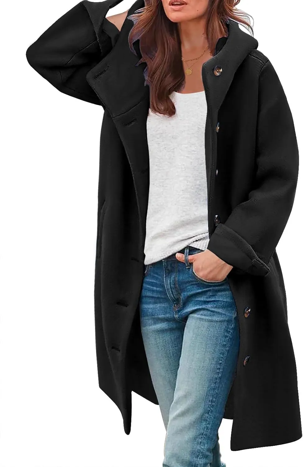 SAUKOLE Womens Wool Blend Pea Coat Fashion Winter Dressy Overcoat Single Breasted Trench Jackets with Hood