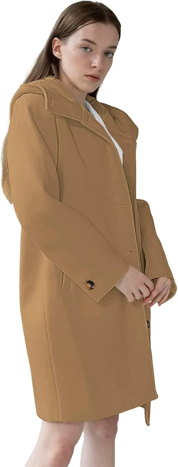 SAUKOLE Womens Wool Blend Pea Coat Fashion Winter Dressy Overcoat Single Breasted Trench Jackets with Hood