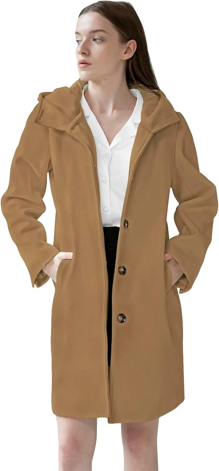 SAUKOLE Womens Wool Blend Pea Coat Fashion Winter Dressy Overcoat Single Breasted Trench Jackets with Hood