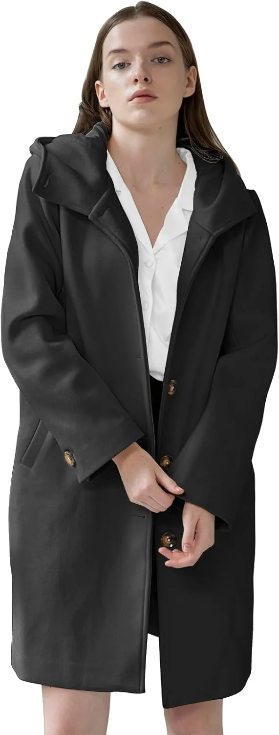 SAUKOLE Womens Wool Blend Pea Coat Fashion Winter Dressy Overcoat Single Breasted Trench Jackets with Hood