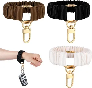 Scrunchie Keychain Wristlet Bracelet, 3 Pcs Stretchy Key Ring Bracelet Wrist Key Chain for Women Elastic Wrist Strap Keychain for Car Keys, Women Gift (Brown, Beige, Black)