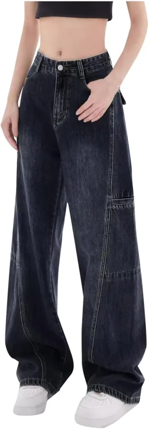 sdbrld Jeans for Women Baggy,Womens Mid Rise Jeans Wide Leg Loose Boyfriend Denim Harem Cropped Pant Vintage Barrel Jeans Y2k