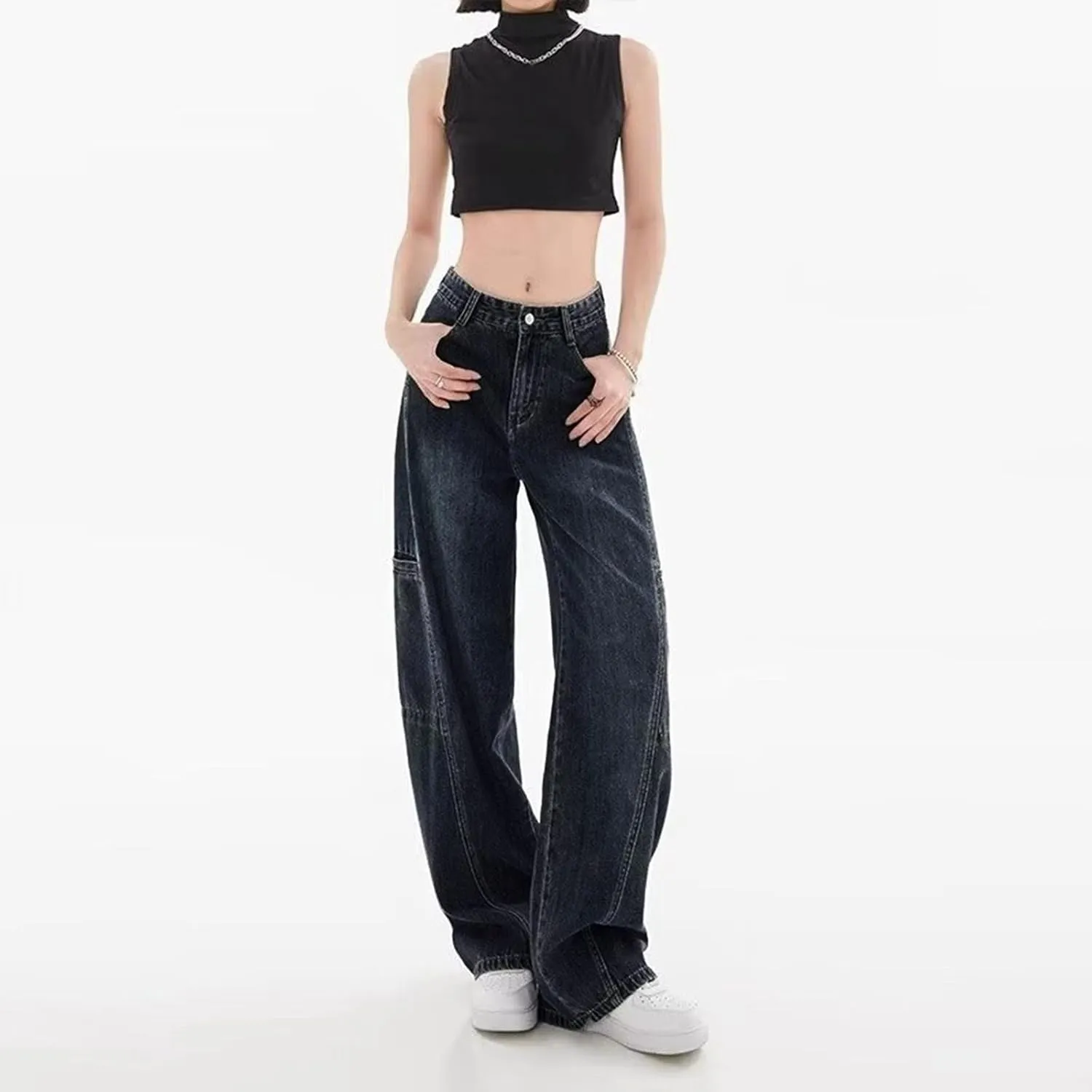 sdbrld Jeans for Women Baggy,Womens Mid Rise Jeans Wide Leg Loose Boyfriend Denim Harem Cropped Pant Vintage Barrel Jeans Y2k