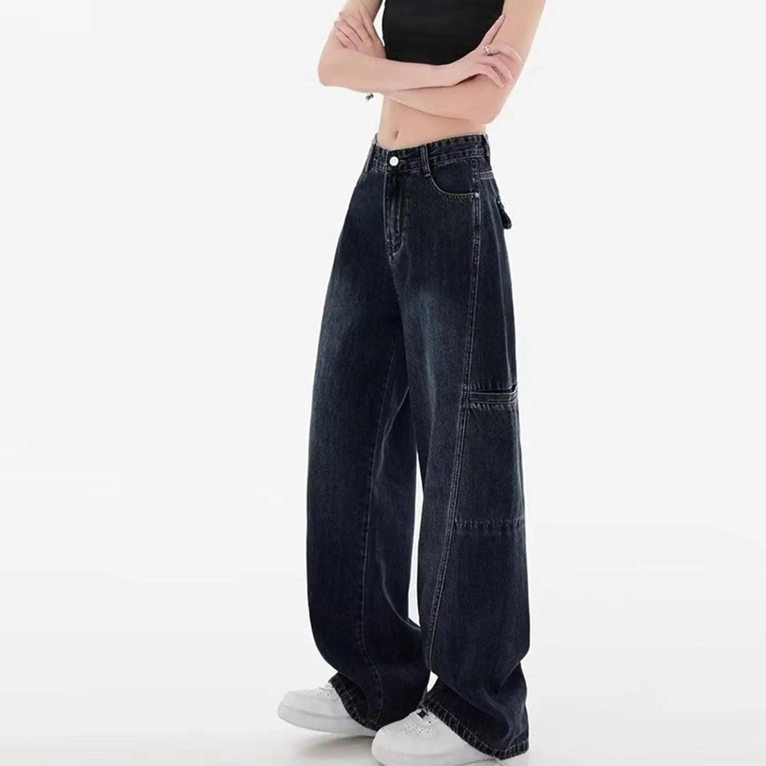 sdbrld Jeans for Women Baggy,Womens Mid Rise Jeans Wide Leg Loose Boyfriend Denim Harem Cropped Pant Vintage Barrel Jeans Y2k