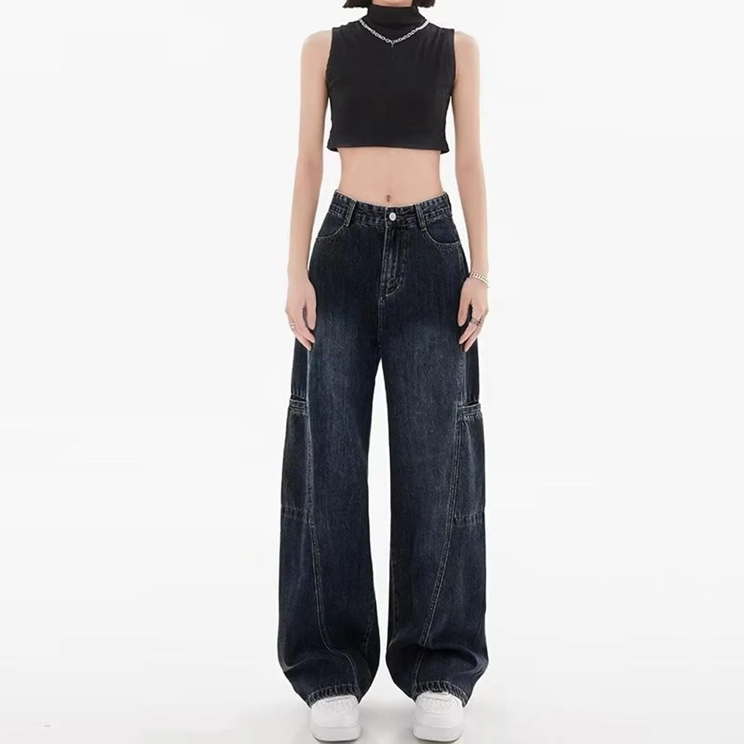 sdbrld Jeans for Women Baggy,Womens Mid Rise Jeans Wide Leg Loose Boyfriend Denim Harem Cropped Pant Vintage Barrel Jeans Y2k