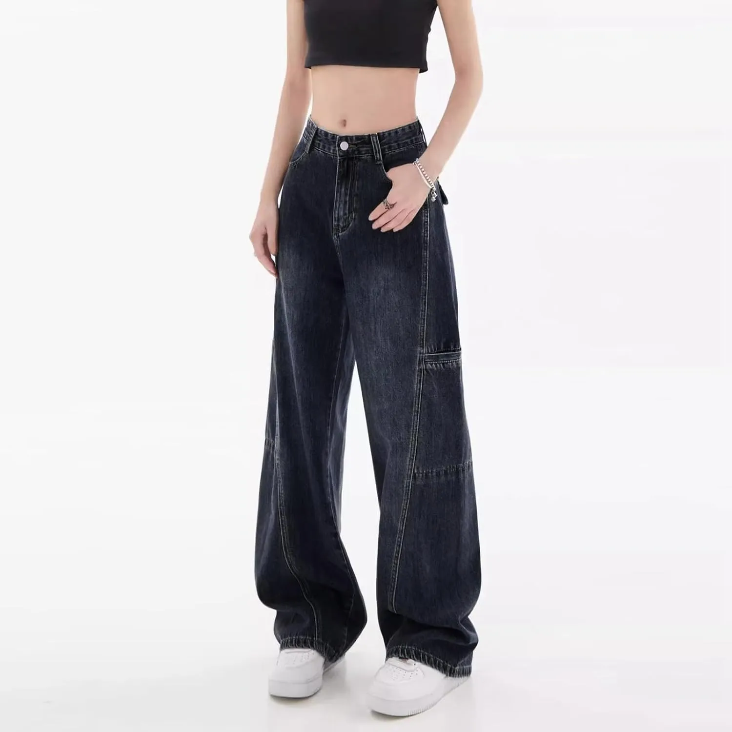 sdbrld Jeans for Women Baggy,Womens Mid Rise Jeans Wide Leg Loose Boyfriend Denim Harem Cropped Pant Vintage Barrel Jeans Y2k