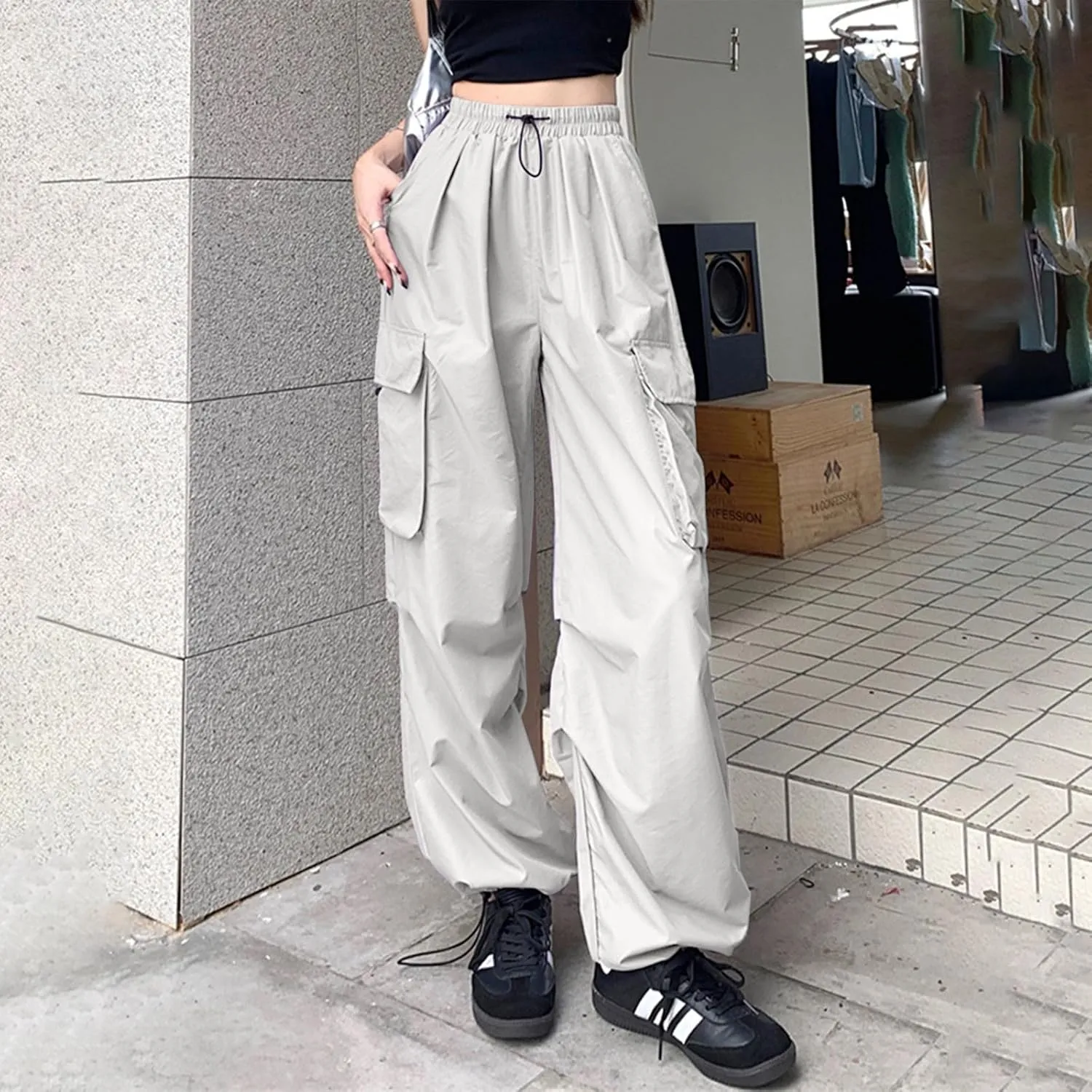 sdbrld Womens High Waisted Cargo Pants Wide Leg Joggers Plus Size Casual Sweatpants Ladies Loose Trousers Clothes with Pocket