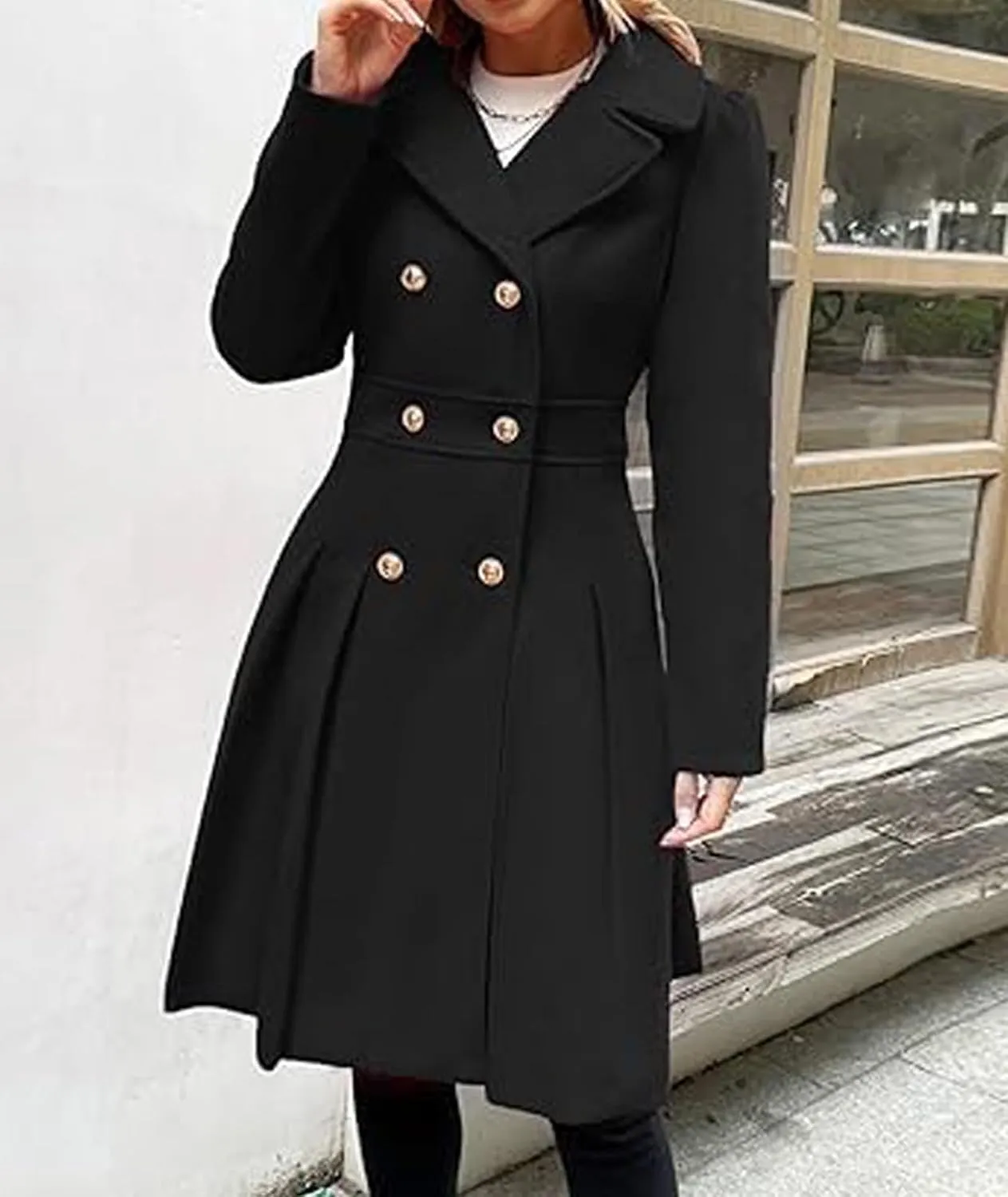 SEMATOMALA Women's Double Breasted A Line Trench Coat Notched Lapel Wool Blend Pea Coats Jacket with Pockets