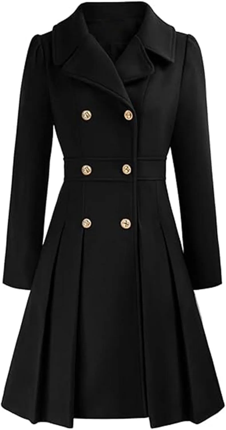SEMATOMALA Women's Double Breasted A Line Trench Coat Notched Lapel Wool Blend Pea Coats Jacket with Pockets