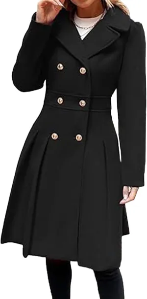SEMATOMALA Women's Double Breasted A Line Trench Coat Notched Lapel Wool Blend Pea Coats Jacket with Pockets