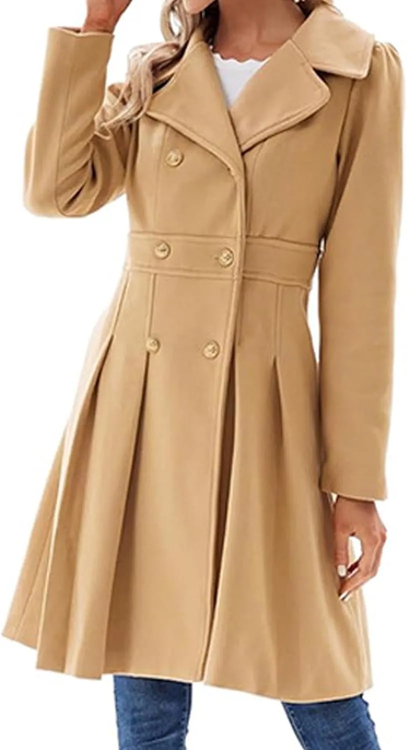 SEMATOMALA Women's Double Breasted A Line Trench Coat Notched Lapel Wool Blend Pea Coats Jacket with Pockets