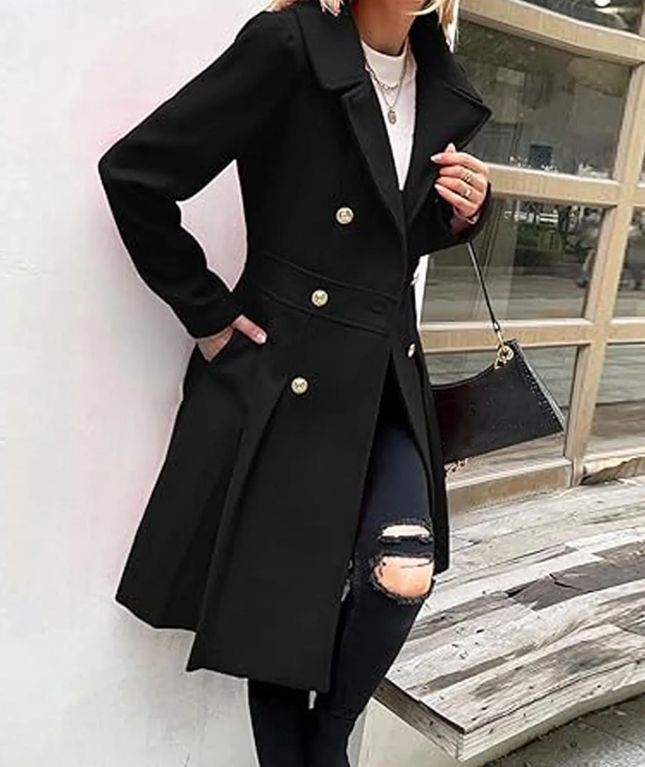 SEMATOMALA Women's Double Breasted A Line Trench Coat Notched Lapel Wool Blend Pea Coats Jacket with Pockets