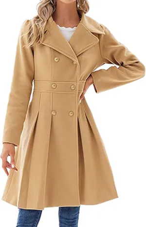 SEMATOMALA Women's Double Breasted A Line Trench Coat Notched Lapel Wool Blend Pea Coats Jacket with Pockets