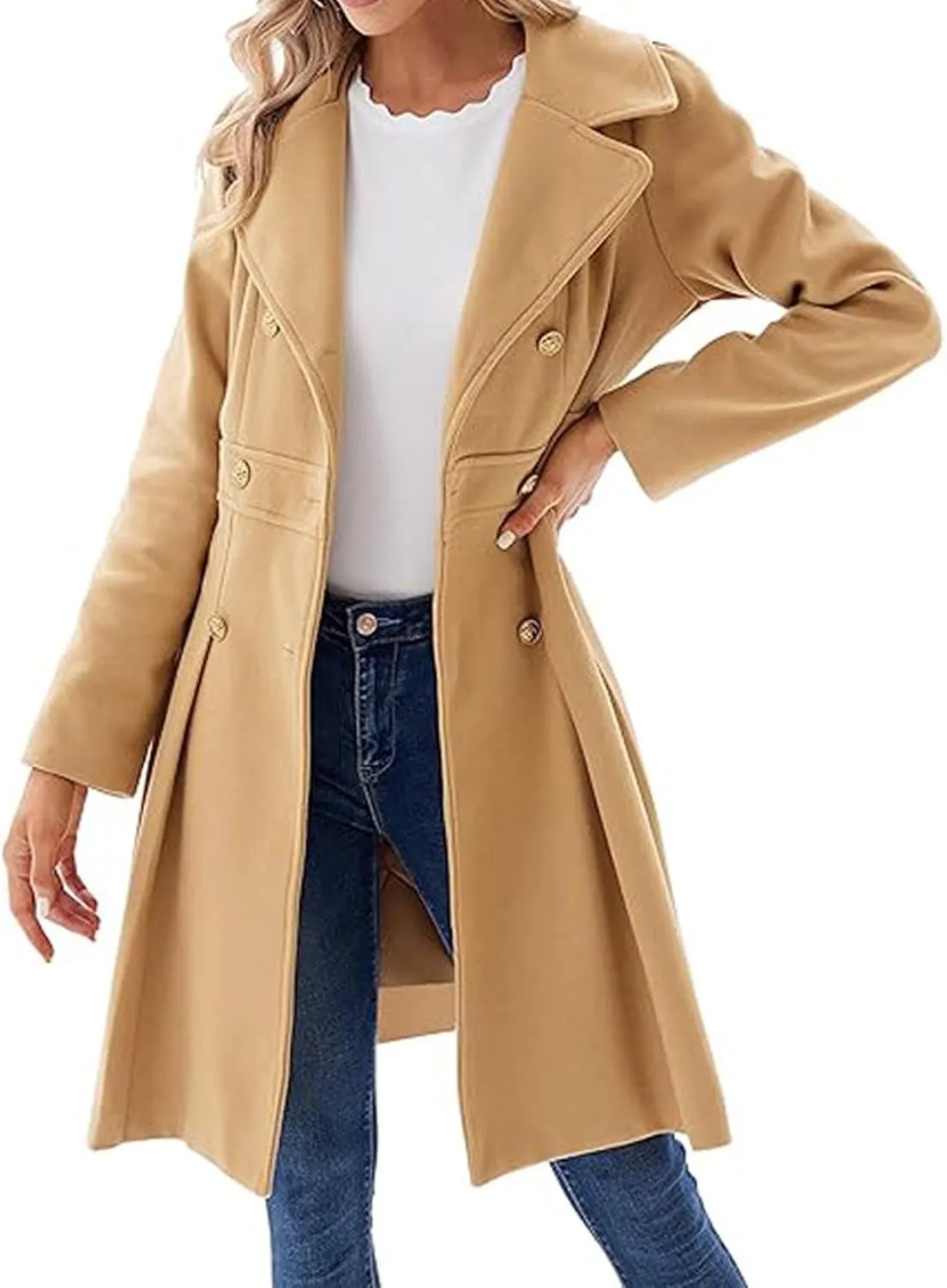 SEMATOMALA Women's Double Breasted A Line Trench Coat Notched Lapel Wool Blend Pea Coats Jacket with Pockets