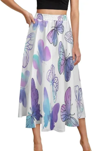 Sexy Purple Butterfly Print Midi Skirts High Elastic Waist Ruffling Boho Office Skirts