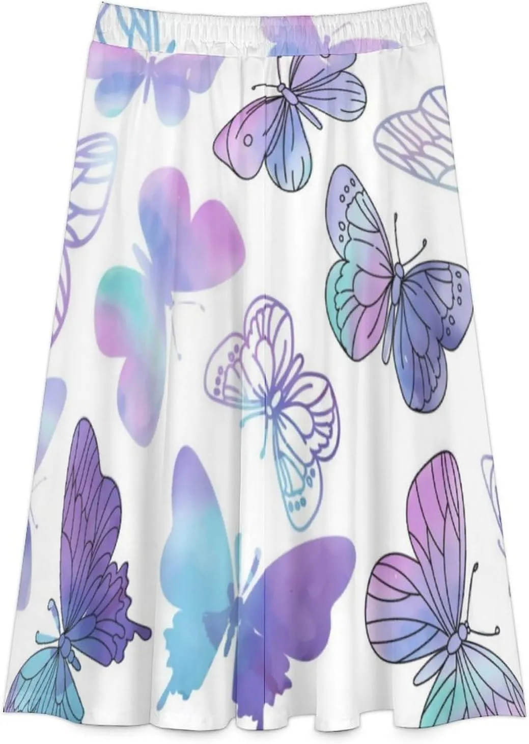 Sexy Purple Butterfly Print Midi Skirts High Elastic Waist Ruffling Boho Office Skirts