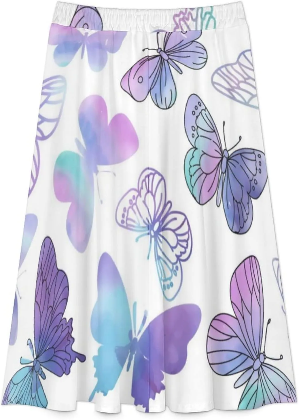 Sexy Purple Butterfly Print Midi Skirts High Elastic Waist Ruffling Boho Office Skirts