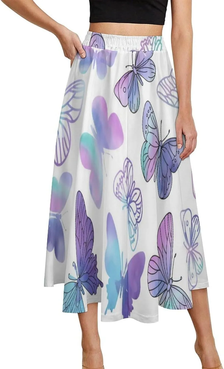 Sexy Purple Butterfly Print Midi Skirts High Elastic Waist Ruffling Boho Office Skirts