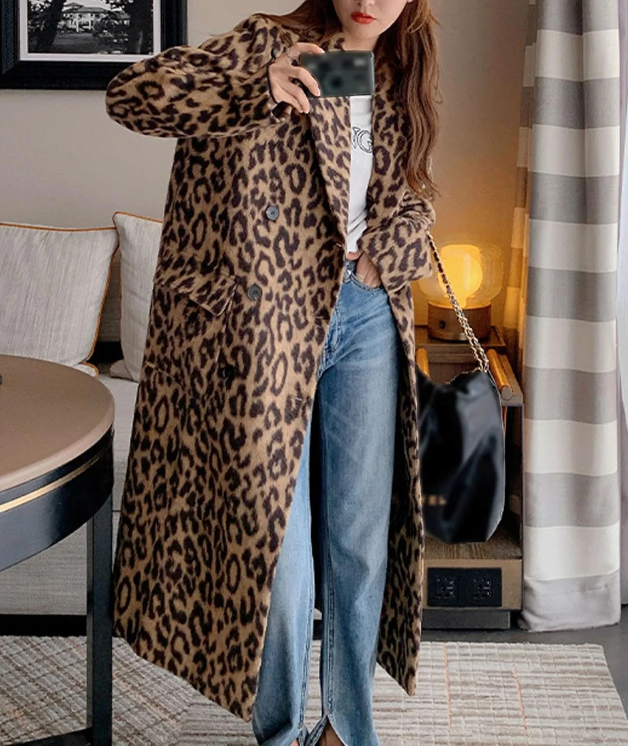 Sexyshine Women's Leopard Print Long Trench Coat Notched Lapel Double Breasted Pea Coat Wool Overcoat Jacket
