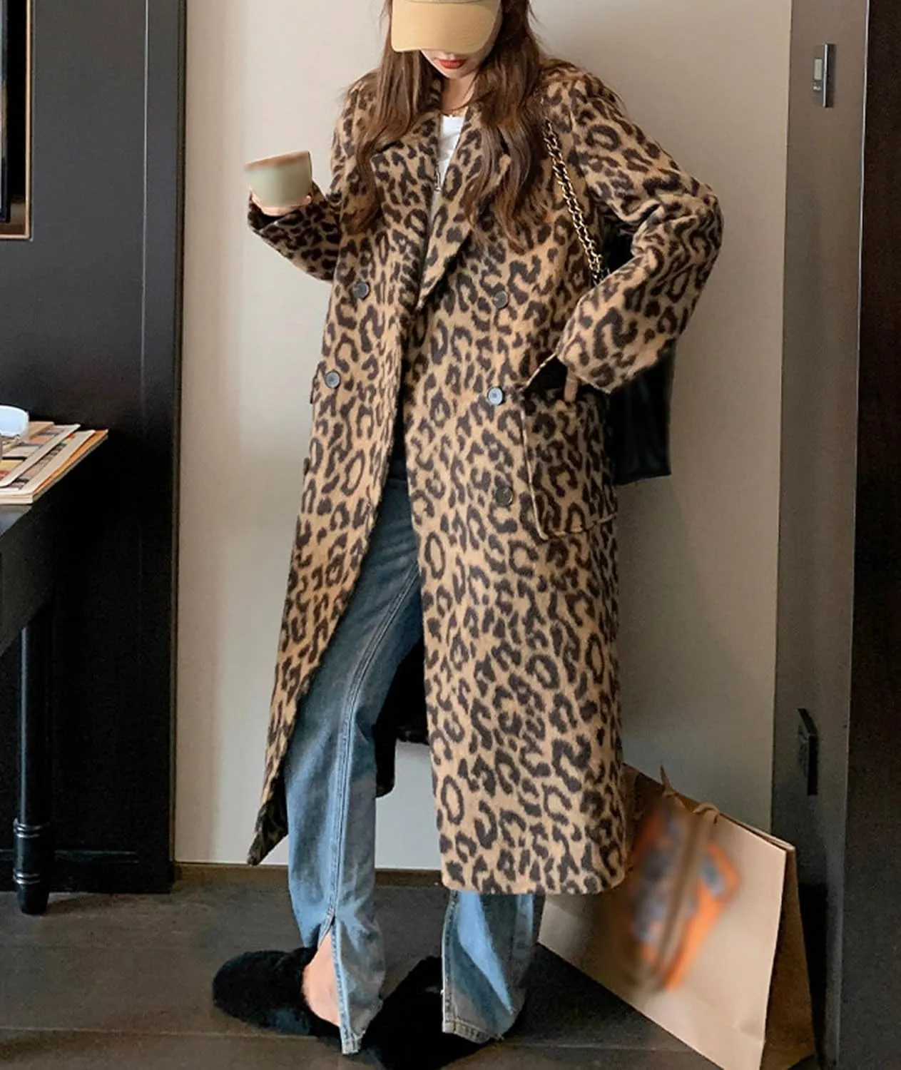 Sexyshine Women's Leopard Print Long Trench Coat Notched Lapel Double Breasted Pea Coat Wool Overcoat Jacket
