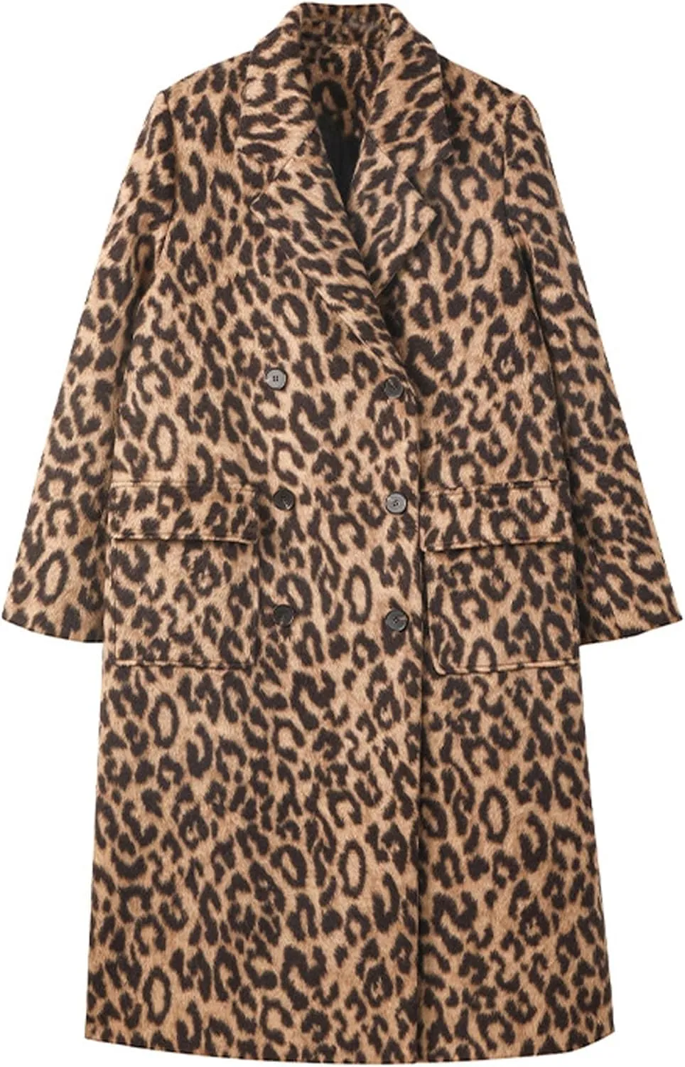 Sexyshine Women's Leopard Print Long Trench Coat Notched Lapel Double Breasted Pea Coat Wool Overcoat Jacket