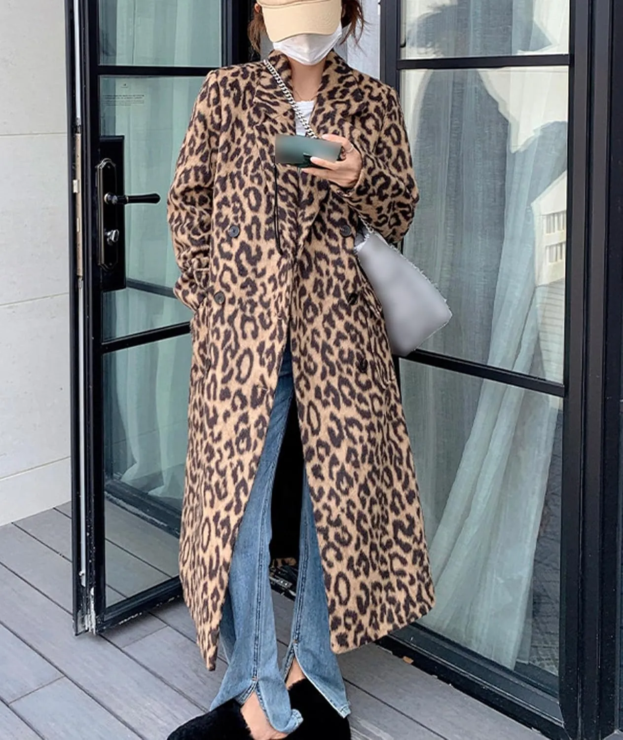 Sexyshine Women's Leopard Print Long Trench Coat Notched Lapel Double Breasted Pea Coat Wool Overcoat Jacket