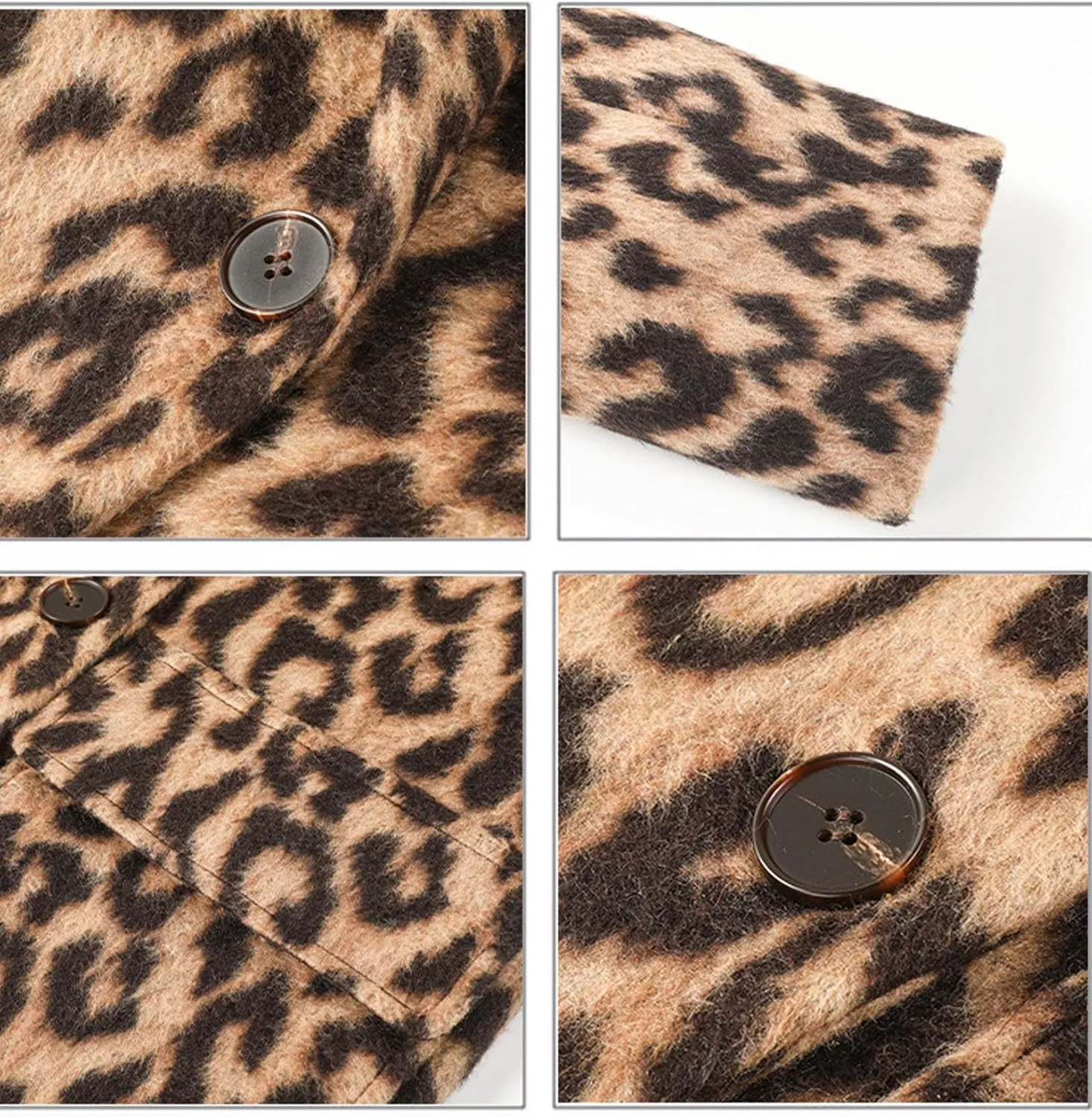 Sexyshine Women's Leopard Print Long Trench Coat Notched Lapel Double Breasted Pea Coat Wool Overcoat Jacket