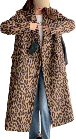 Sexyshine Women's Leopard Print Long Trench Coat Notched Lapel Double Breasted Pea Coat Wool Overcoat Jacket