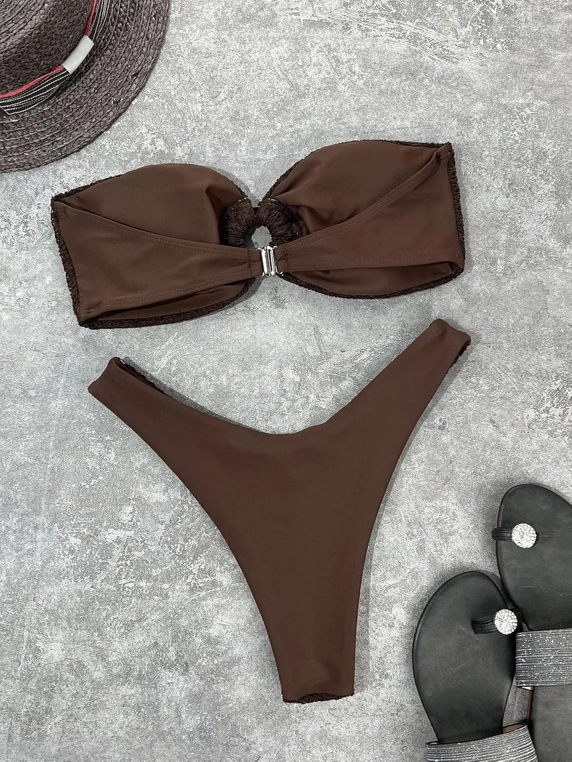 SHENHE Women's 2 Piece Strapless O Ring High Cut Bandeau Swimsuit Bathing Suit Bikini Sets