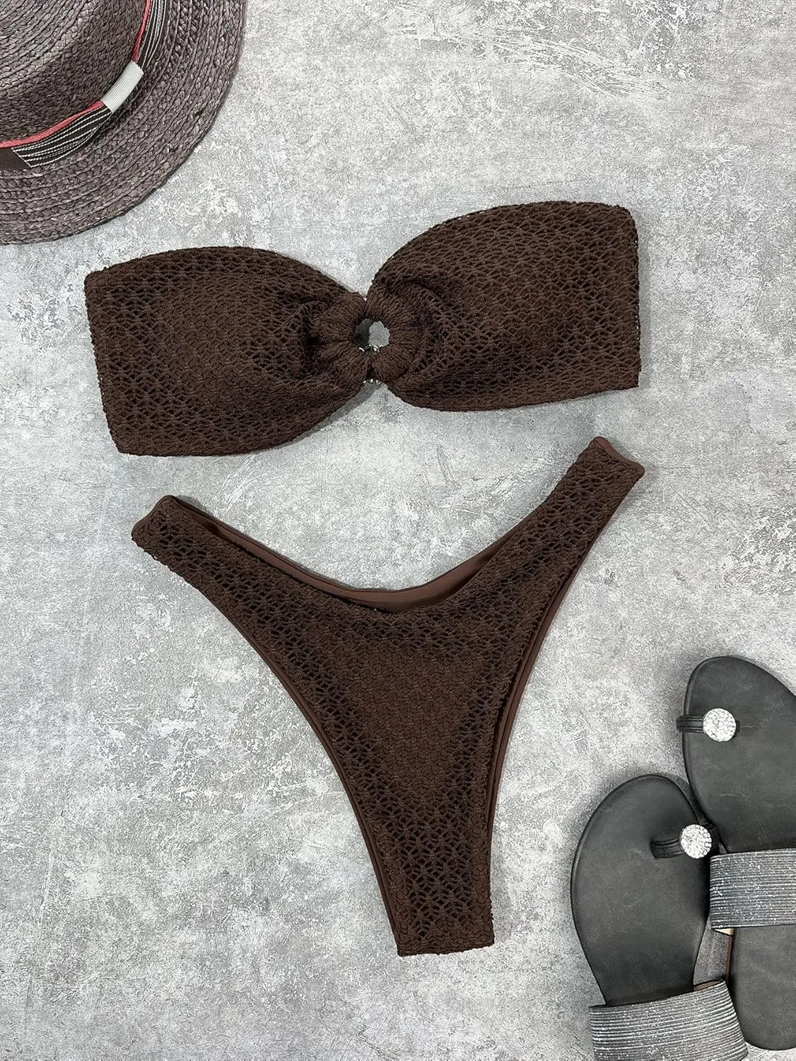 SHENHE Women's 2 Piece Strapless O Ring High Cut Bandeau Swimsuit Bathing Suit Bikini Sets