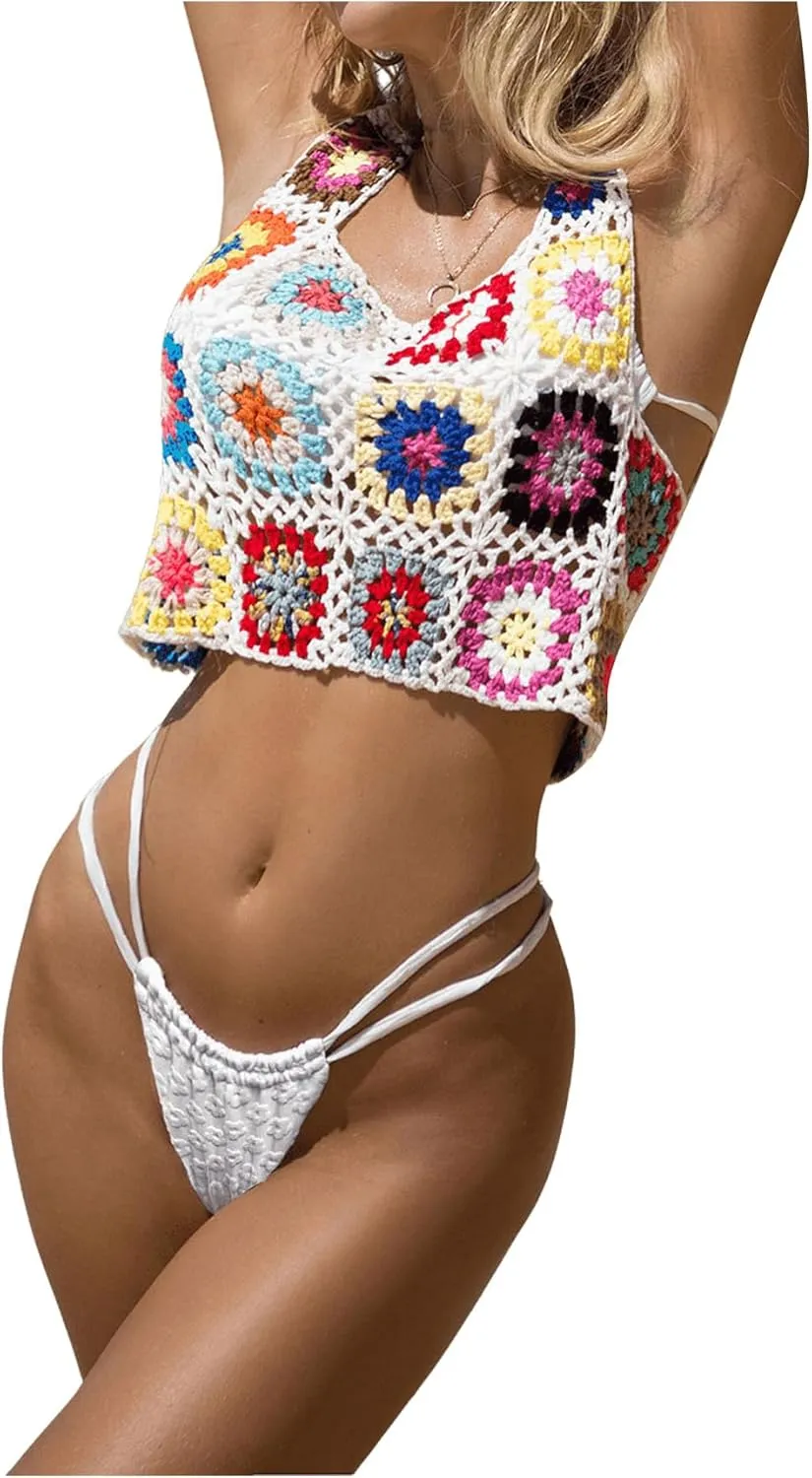 SHENHE Women's Sheer Floral Crochet Square Neck Sleeveless Cover Up Tank Crop Tops