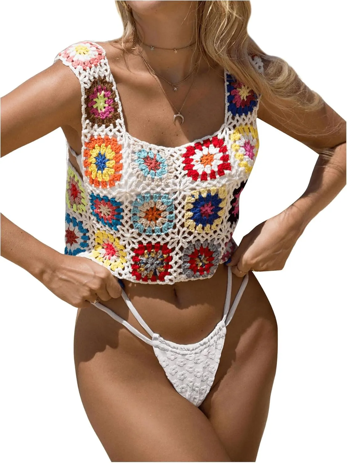 SHENHE Women's Sheer Floral Crochet Square Neck Sleeveless Cover Up Tank Crop Tops